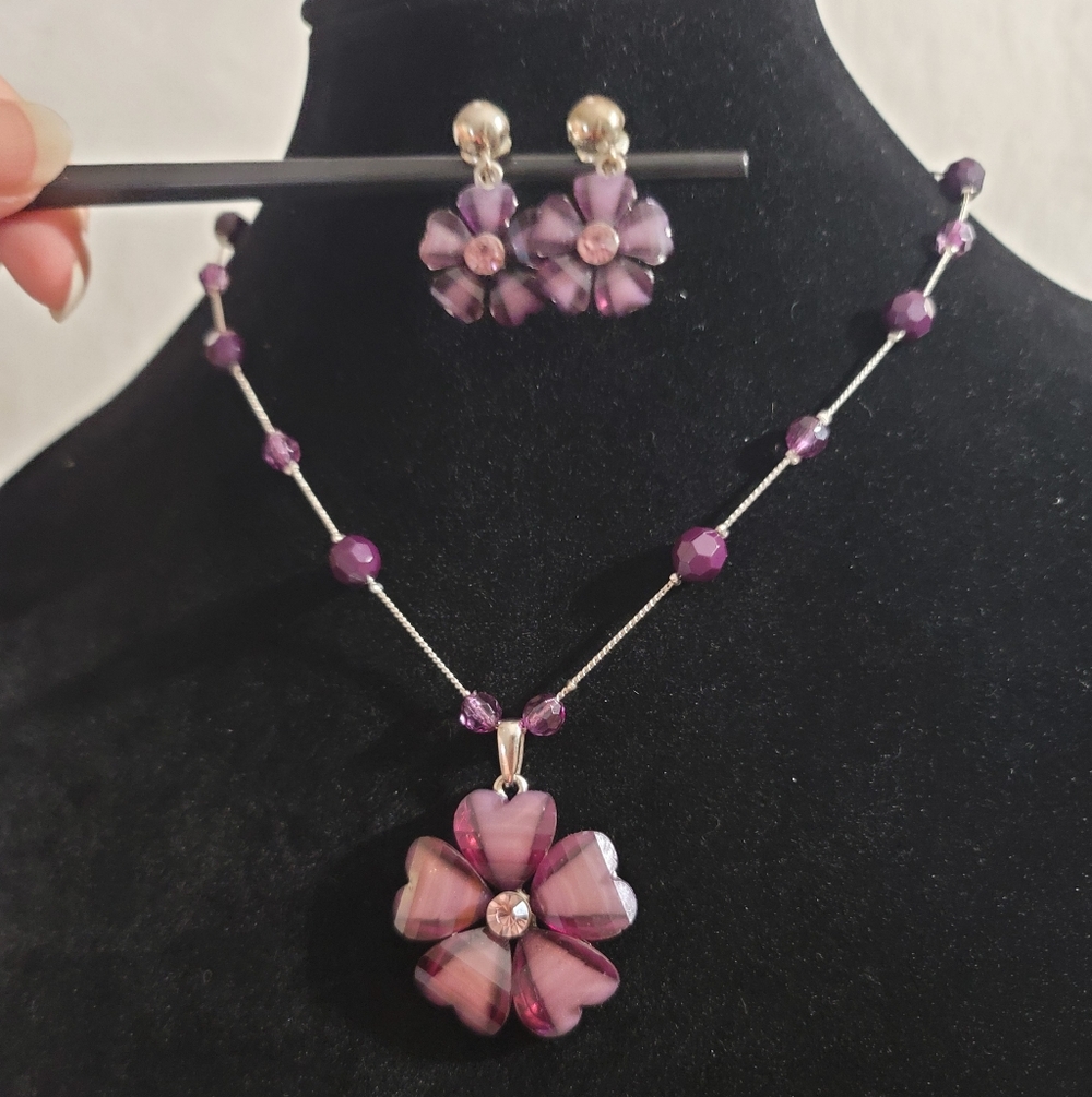 Purple Sparkly Cosmo Flower Necklace & Clip-on Earring Set